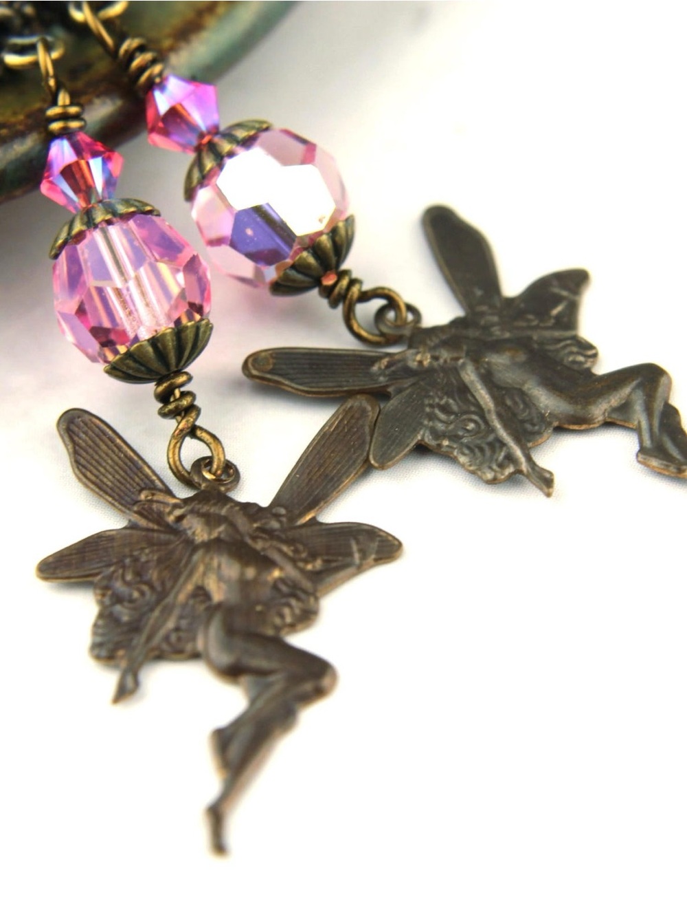 Pink Crystal Fairy Drop Earrings with Antiqued Brass Charms